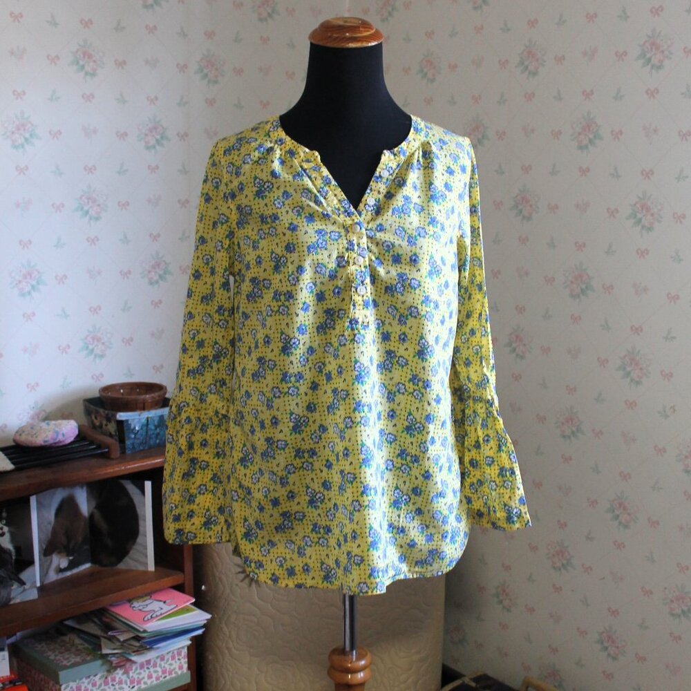 Talbots Yellow Polka Dot Floral Bell Sleeve Popover Blouse, Size Petite Small